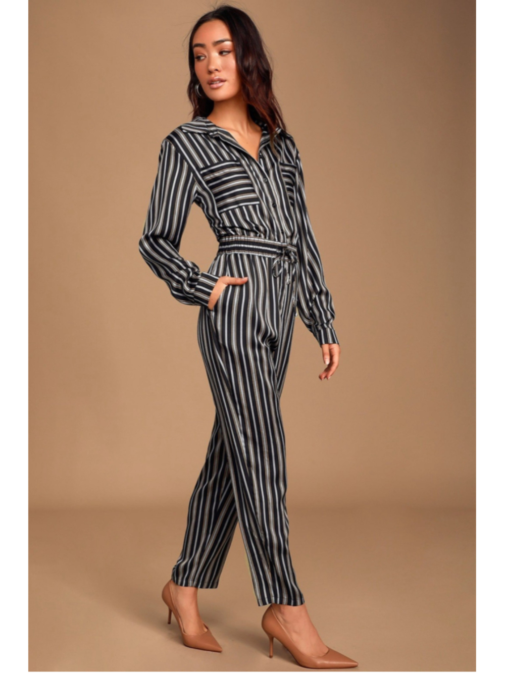 Lulus Dreamstate Jumpsuit Women’s Medium Black Stripe Drawstring Romper Pantsuit